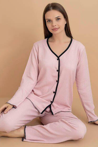 Bürümcük Düğmeli Pijama Takımı Pudra - Kadın Pijama Takımı