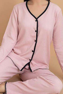 Bürümcük Düğmeli Pijama Takımı Pudra - Kadın Pijama Takımı