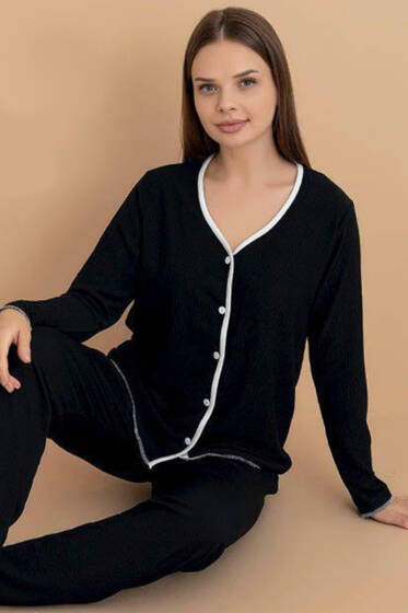  Bürümcük Düğmeli Pijama Takımı Siyah - Kadın Pijama Takımı
