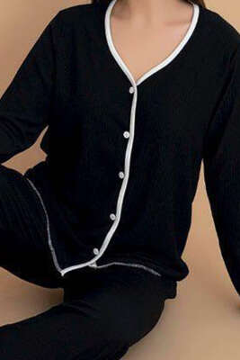  Bürümcük Düğmeli Pijama Takımı Siyah - Kadın Pijama Takımı