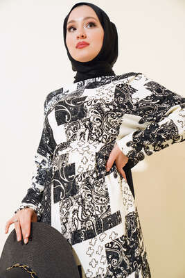 Bürümcük Elbise Desenli Siyah - Tesettür Elbise