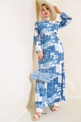 Bürümcük Elbise Desenli Turkuaz - Tesettür Elbise