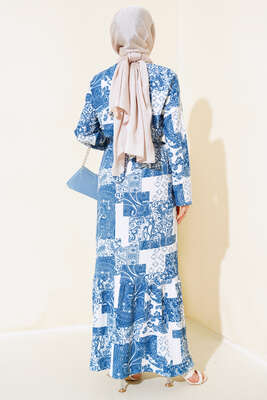 Bürümcük Elbise Desenli Turkuaz - Tesettür Elbise