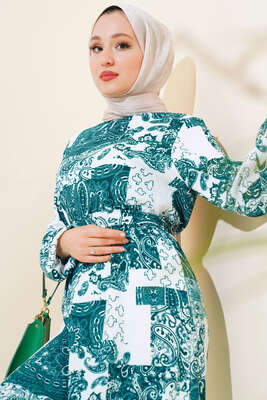 Bürümcük Elbise Desenli Zümrüt - Tesettür Elbise