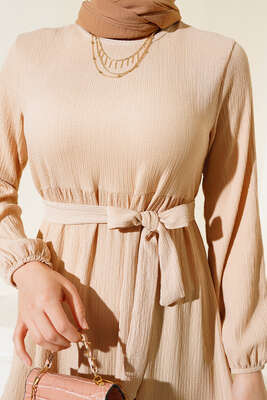 Bürümcük Kat Kat Elbise Bej - Tesettür Elbise