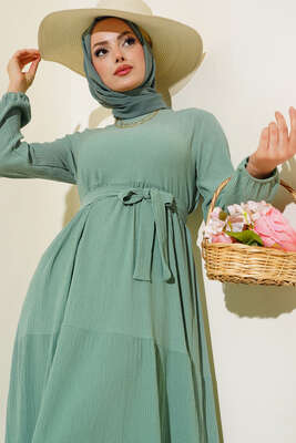 Bürümcük Kat Kat Elbise Çağla Yeşili - Tesettür Elbise