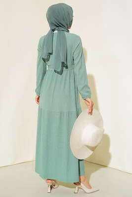 Bürümcük Kat Kat Elbise Çağla Yeşili - Tesettür Elbise