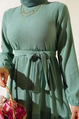 Bürümcük Kat Kat Elbise Çağla Yeşili - Tesettür Elbise