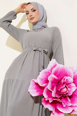 Bürümcük Kat Kat Elbise Gri - Yılın Fırsatı