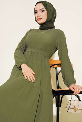 Bürümcük Kat Kat Elbise Haki - Tesettür Elbise