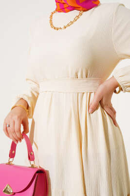 Bürümcük Kat Kat Elbise Krem - Tesettür Elbise