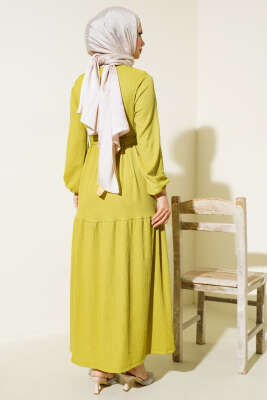 Bürümcük Kat Kat Elbise Yağ Yeşili - Tesettür Elbise