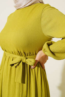 Bürümcük Kat Kat Elbise Yağ Yeşili - Tesettür Elbise