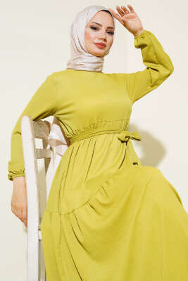 Bürümcük Kat Kat Elbise Yağ Yeşili - Tesettür Elbise