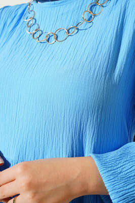 Bürümcük Kuşaksız Kumaş Elbise Mavi - Thumbnail