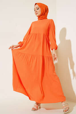 Bürümcük Kuşaksız Kumaş Elbise Oranj - Thumbnail