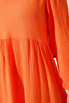 Bürümcük Kuşaksız Kumaş Elbise Oranj - Thumbnail