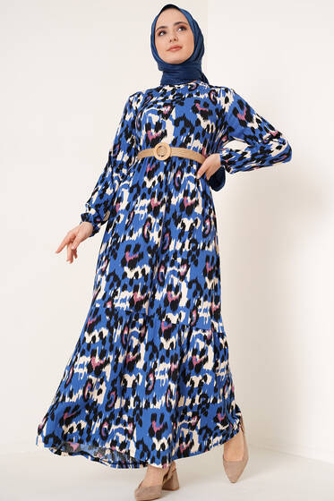 Bürümcük Leopar Desenli Elbise İndigo - Tesettür Elbise
