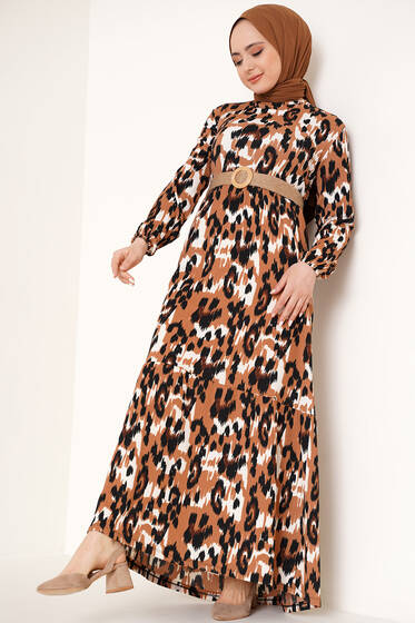 Bürümcük Leopar Desenli Elbise Latte - Tesettür Elbise