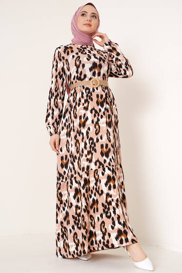 Bürümcük Leopar Desenli Elbise Pudra - Tesettür Elbise