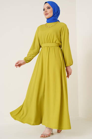 Bürümcük Mevlana Elbise Yağ Yeşili - Tesettür Elbise