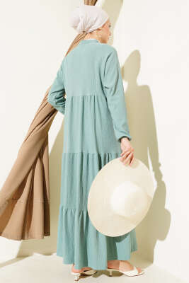 Bürümcük Önü Düğmeli Elbise Çağla Yeşili - Tesettür Elbise