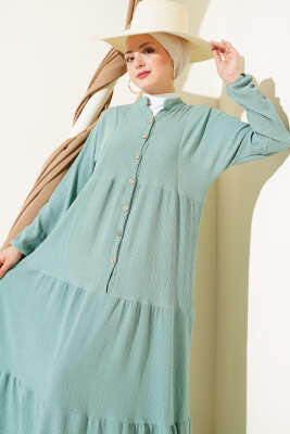 Bürümcük Önü Düğmeli Elbise Çağla Yeşili - Tesettür Elbise