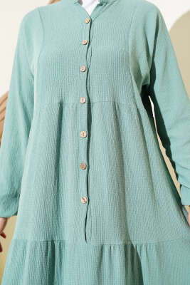 Bürümcük Önü Düğmeli Elbise Çağla Yeşili - Tesettür Elbise