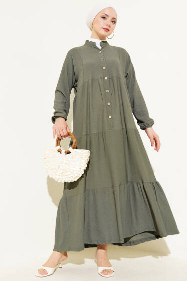 Bürümcük Önü Düğmeli Elbise Haki - Elbise