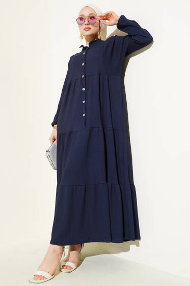 Bürümcük Önü Düğmeli Elbise Lacivert - Elbise