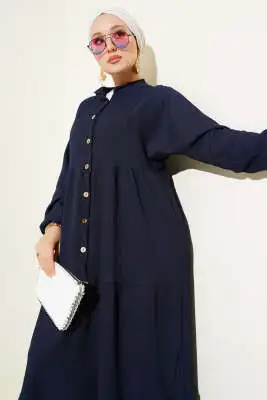 Bürümcük Önü Düğmeli Elbise Lacivert - Tesettür Elbise