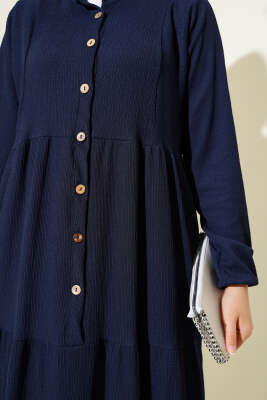 Bürümcük Önü Düğmeli Elbise Lacivert - Tesettür Elbise