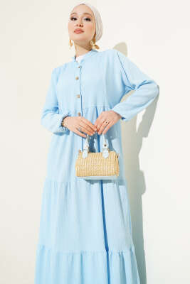 Bürümcük Önü Düğmeli Elbise Mavi - Tesettür Elbise