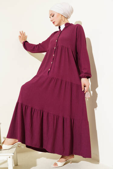 Bürümcük Önü Düğmeli Elbise Mürdüm - Elbise