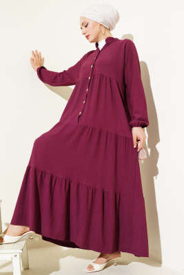 Bürümcük Önü Düğmeli Elbise Mürdüm - YAZGI TEKSTİL