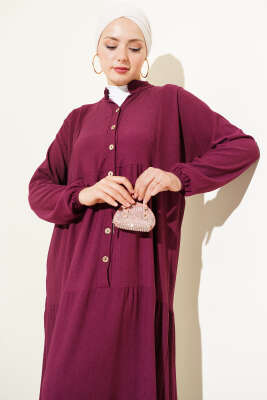 Bürümcük Önü Düğmeli Elbise Mürdüm - Tesettür Elbise