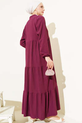 Bürümcük Önü Düğmeli Elbise Mürdüm - Tesettür Elbise
