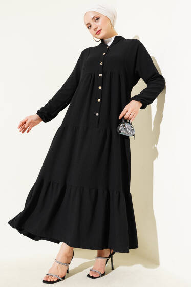 Bürümcük Önü Düğmeli Elbise Siyah - Elbise
