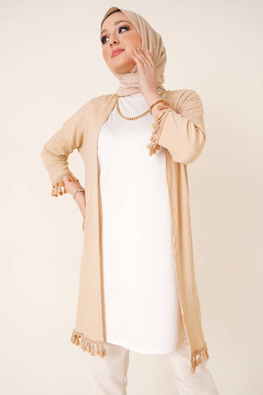 Bürümcük Püsküllü Kimono Bej - Kimono
