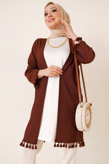 Bürümcük Püsküllü Kimono Kahve - Kimono