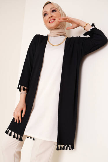 Bürümcük Püsküllü Kimono Siyah - Kimono