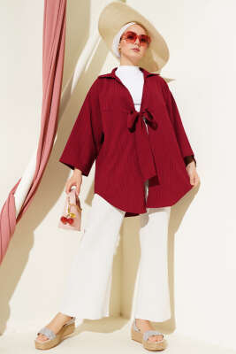 Bürümcük Yaka Bağlamalı Kimono Bordo - Dış Giyim&Mont