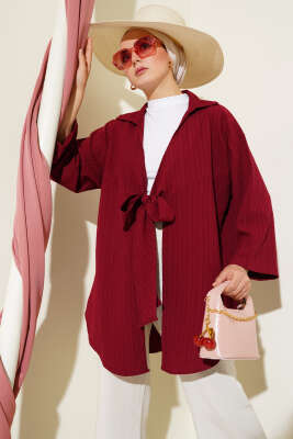 Bürümcük Yaka Bağlamalı Kimono Bordo 