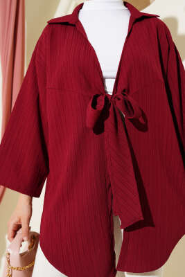 Bürümcük Yaka Bağlamalı Kimono Bordo - Dış Giyim&Mont