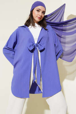 Bürümcük Yaka Bağlamalı Kimono Mavi 