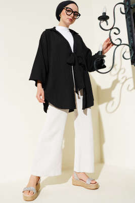 Bürümcük Yaka Bağlamalı Kimono Siyah - Dış Giyim&Mont