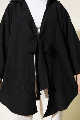 Bürümcük Yaka Bağlamalı Kimono Siyah - Dış Giyim&Mont