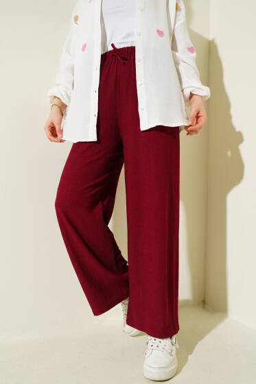 Bürümcüklü Bel Lastikli Pantolon Bordo - Pantolon