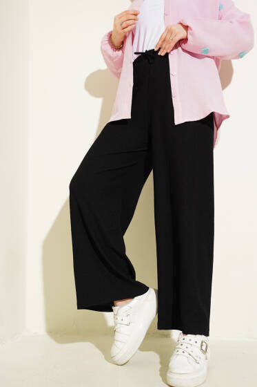 Bürümcüklü Bel Lastikli Pantolon Siyah - Pantolon