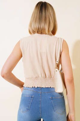 Bürümcüklü Kolsuz Bluz Bej - Kadın Giyim Modelleri